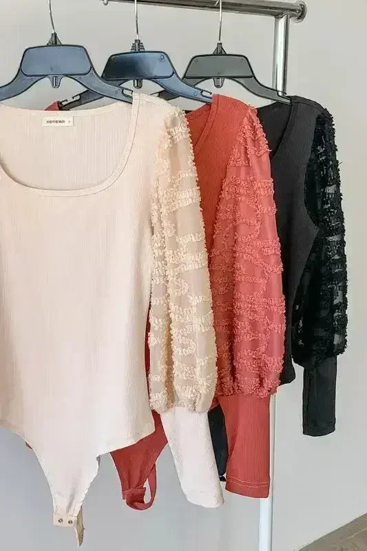 Textured Puff Sleeve Bodysuit | Lace Detail Blouse Bodysuit - Femstylo