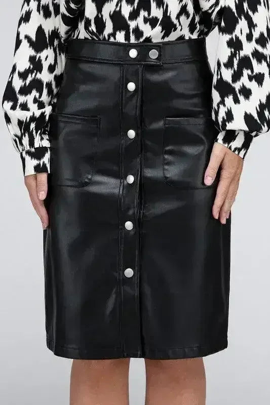 Button Front PU Skirt – High Waist Midi with Pockets