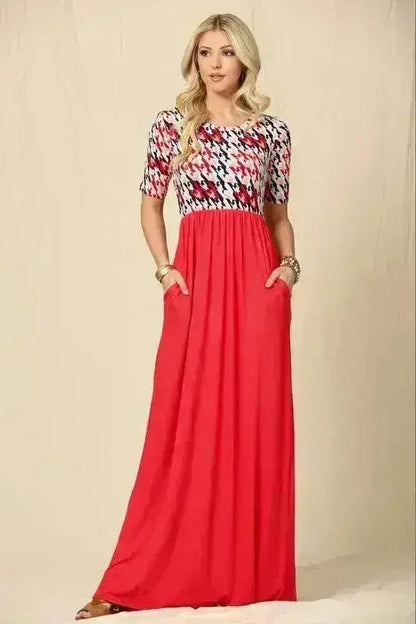 Houndstooth Maxi Dress | Short Sleeve Pocketed Style | Femstylo