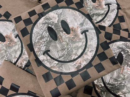 Camo Smiley Face Checkerboard Graphic Tee | Trendy Western Neutral Boutique Shirt