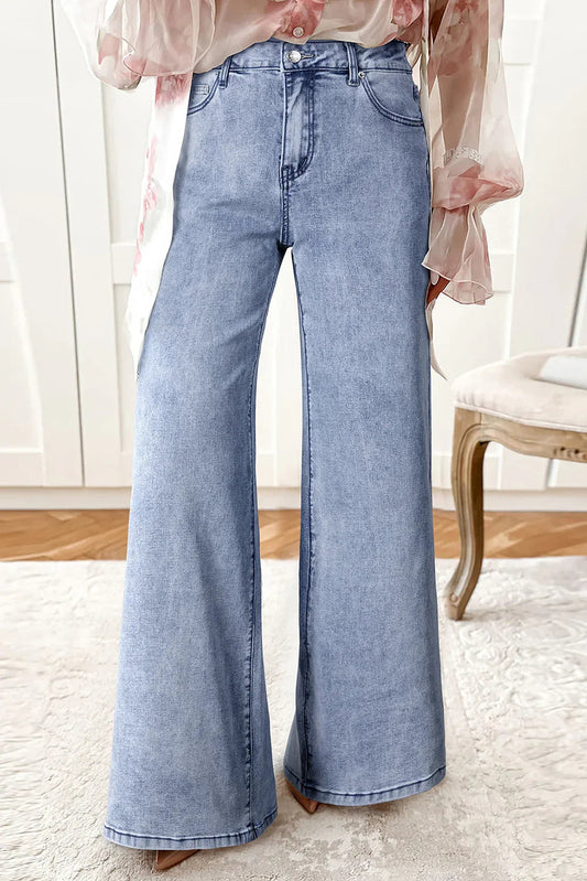 Beau Blue Button Zip High Waist Flared Hem Jeans