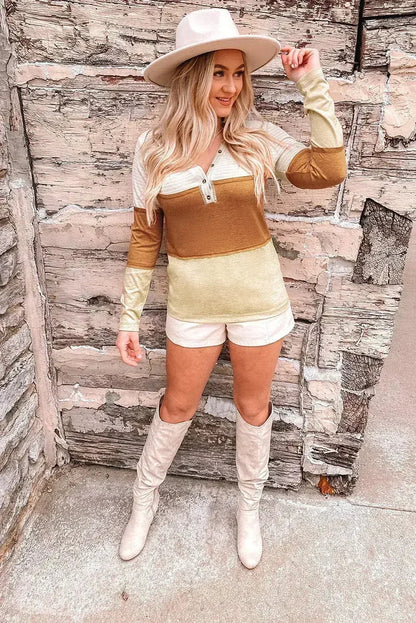 Orange Color Block Henley Top - Striped V-Neck Knit | Femstylo