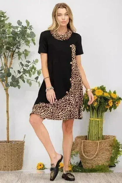 Leopard Print Button Detail Short Sleeve Dress Plus Size - Femstylo