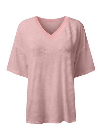 White Waffle Texture V Neck Drop Shoulder Loose Tee
