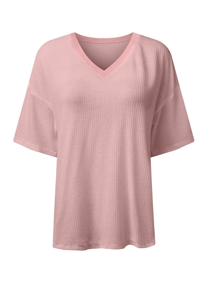 White Waffle Texture V Neck Drop Shoulder Loose Tee
