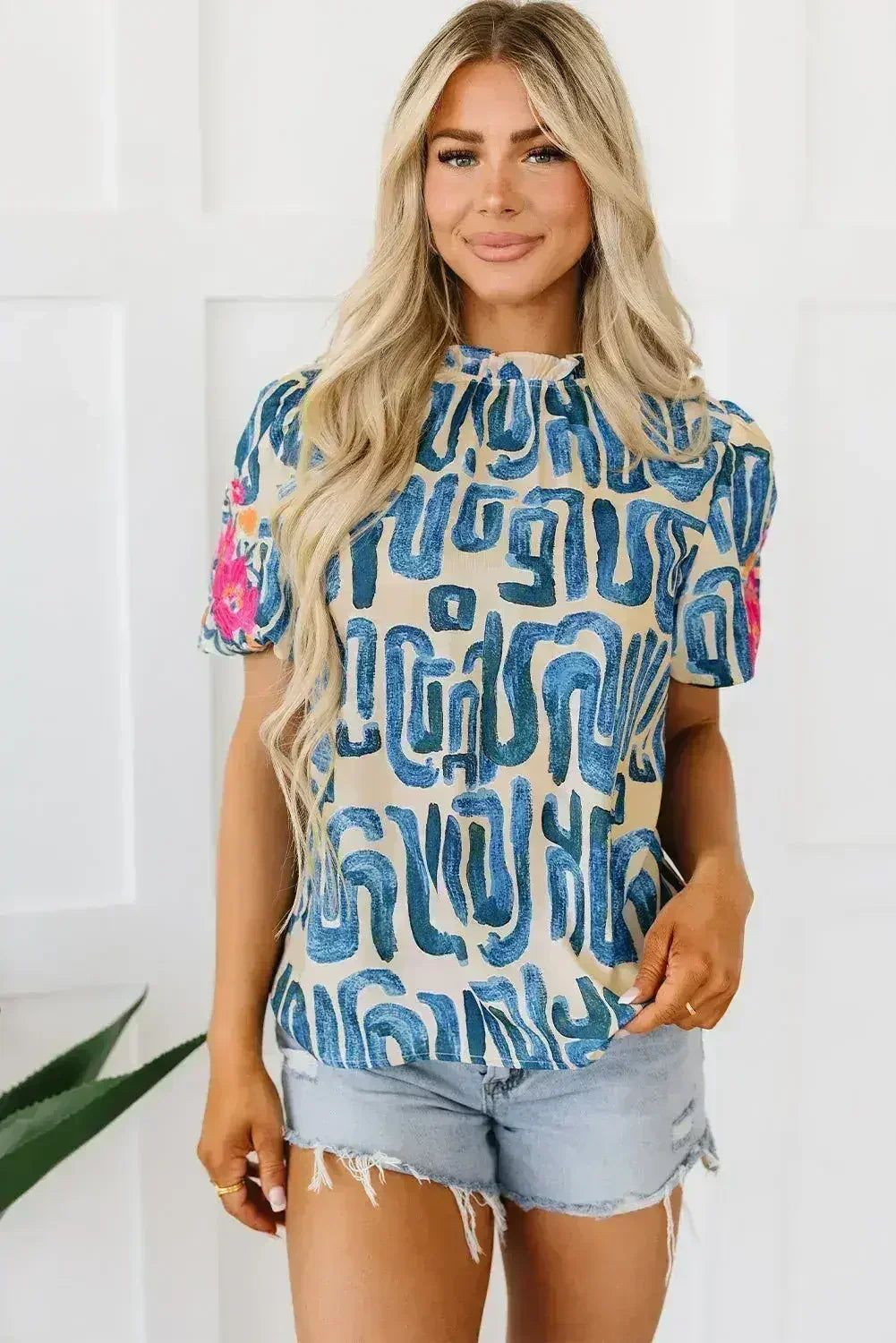 Beige Embroidered Puff Sleeve Frilled Neck Printed Top | Femstylo