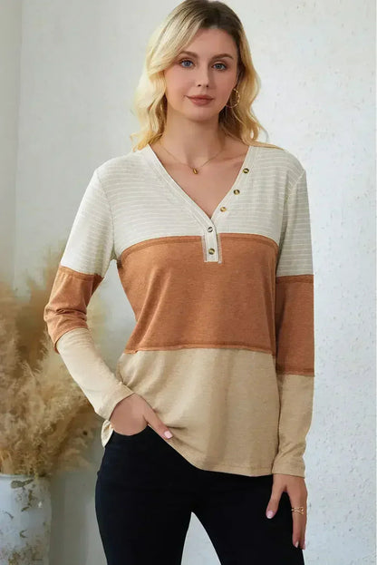 Orange Color Block Henley Top - Striped V-Neck Knit | Femstylo
