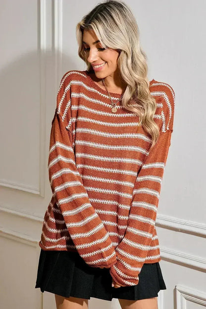 Brown Stripe Casual Round Neck Drop Shoulder Sweater