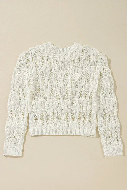 White Crochet Crew Neck Sweater - Loose Fit & High Elasticity | Femstylo