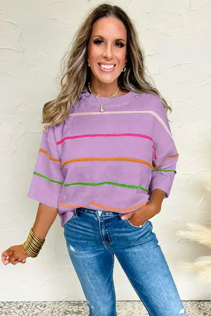 White Striped Half Sleeve Drop Shoulder Sweater