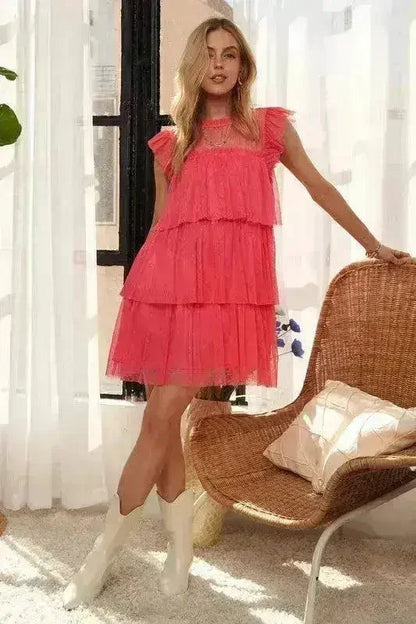 Layered Ruffle Mesh Dress | Cap Sleeve Semi-Sheer Gown -femstylo