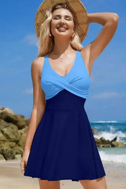 Black Criss Cross Straps Tie Back Flared One Piece Swimsuit
