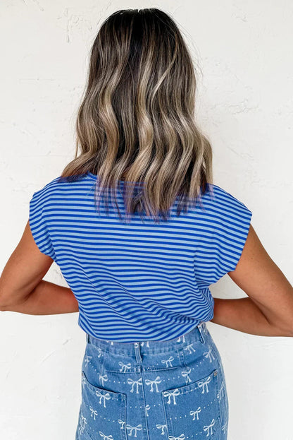 Black Stripe Ribbed Cap Sleeve Round Neck T Shirt