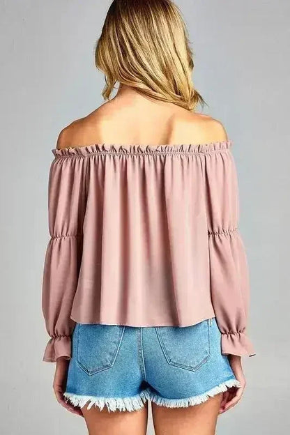 Women's Puff Long Sleeve Ruffled Front Tie Off Shoulder Top
