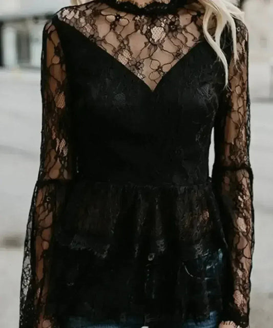 Women's Semi Lace Zipper Back Flare Sleeve Blouse | Femstylo