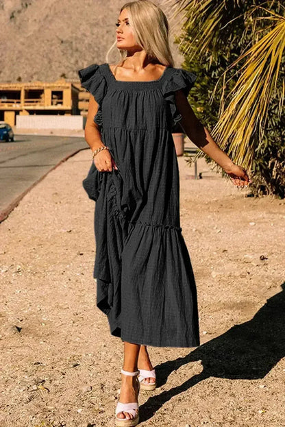 Purple Ruffled Flutter Sleeve Square Neck Textured Tiered Maxi Dress