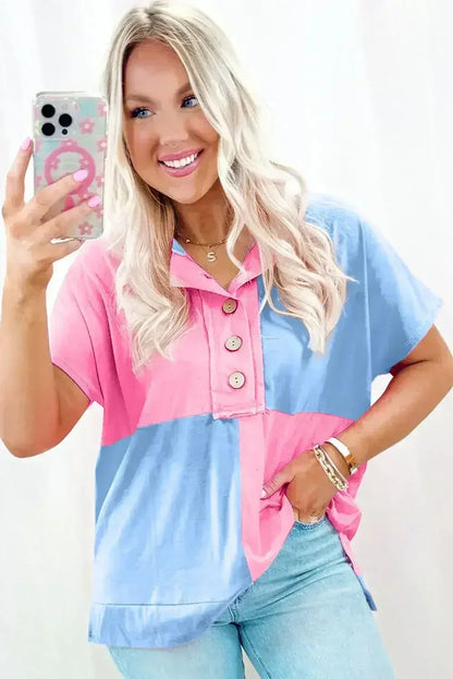 Mint Green Colorblock Half Buttons Henley T Shirt