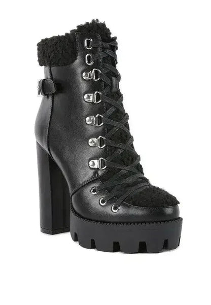 Faux Leather Fur Collar Ankle Boots - Chunky Heel | Femstylo