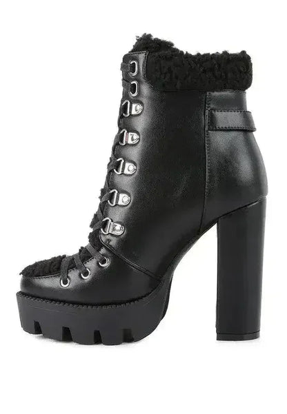 Faux Leather Fur Collar Ankle Boots - Chunky Heel | Femstylo