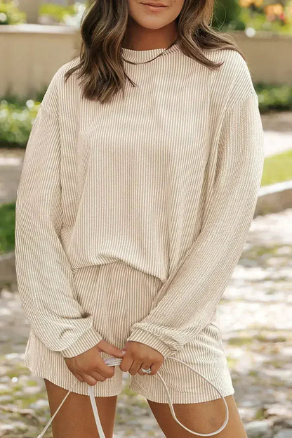 Parchment Corded Knit Long Sleeve Top and High Waist Shorts Set