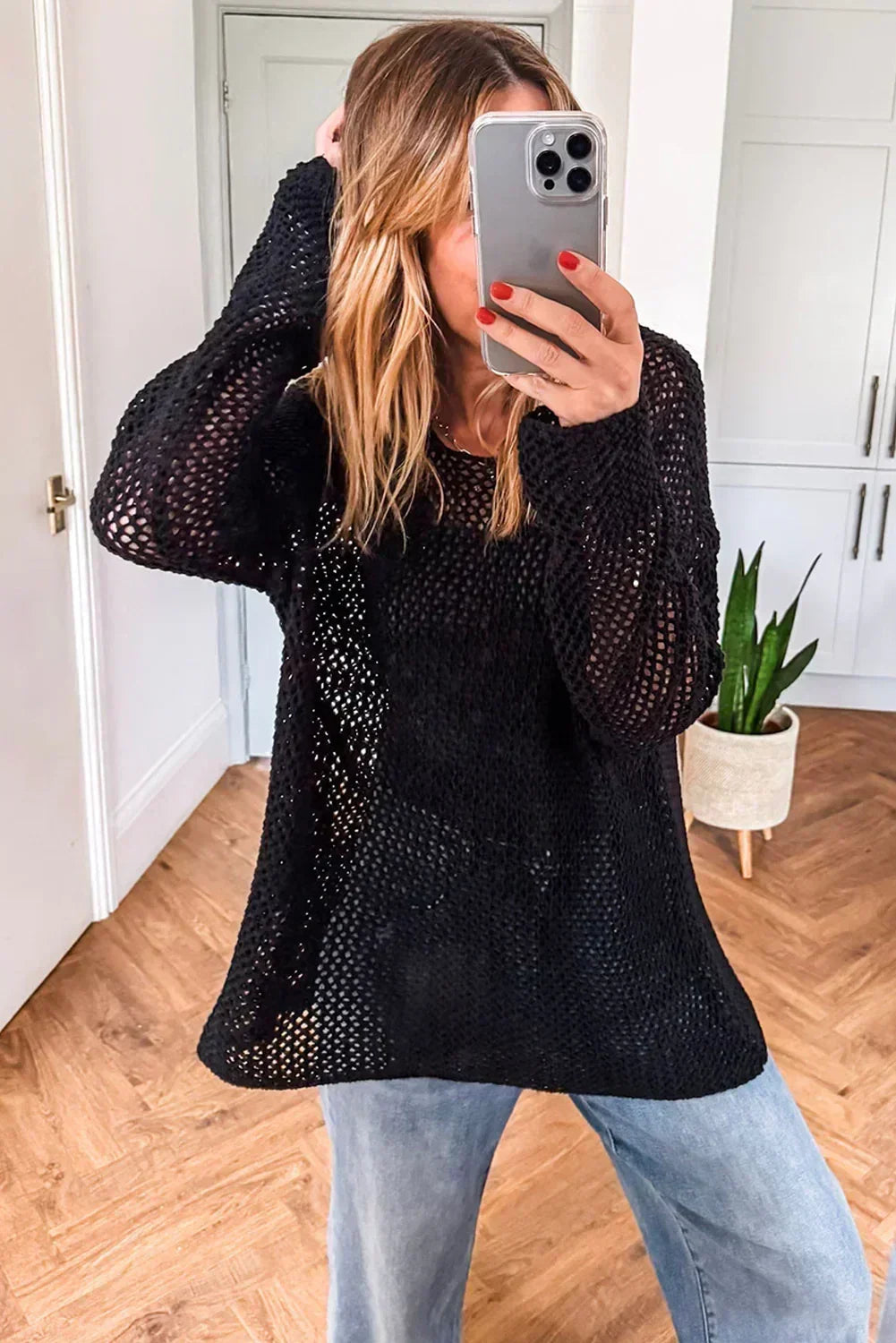 Smoke Gray Crochet Hollow-out Knit Sweater