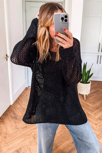Smoke Gray Crochet Hollow-out Knit Sweater
