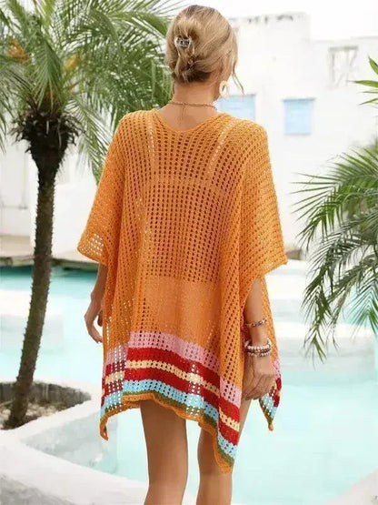 Magenta, Orange & White Striped Open Knit Cover-Up – Boho Beach Wrap