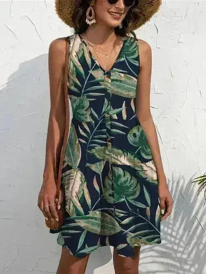 Printed V-Neck Mini Dress – Sleeveless & Button Detail