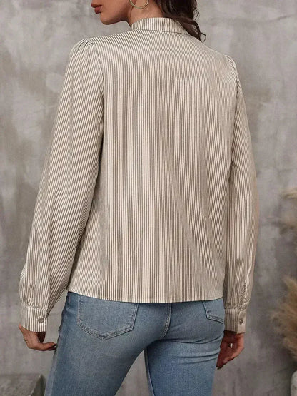 Striped Tie Neck Long Sleeve Blouse – Femstylo