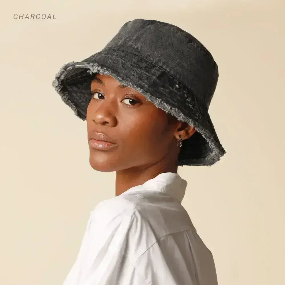 Frayed Bucket Hat - Wide Brim Cotton - UPF 50+ Sun Protection - One Size