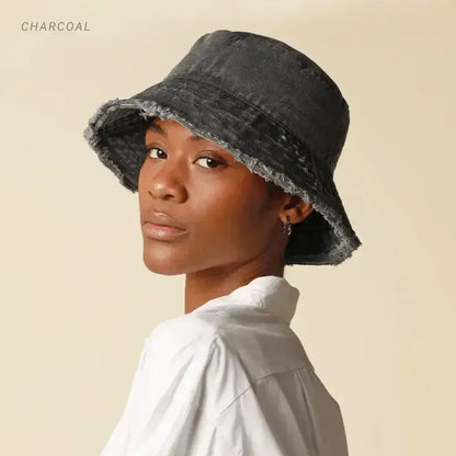 Frayed Bucket Hat - Wide Brim Cotton - UPF 50+ Sun Protection - One Size