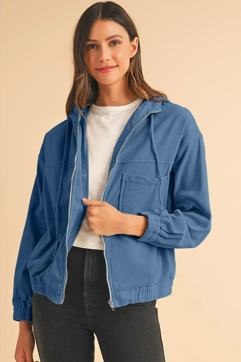 Real Teal Corduroy Zip-Up Hooded Jacket – Femstylo