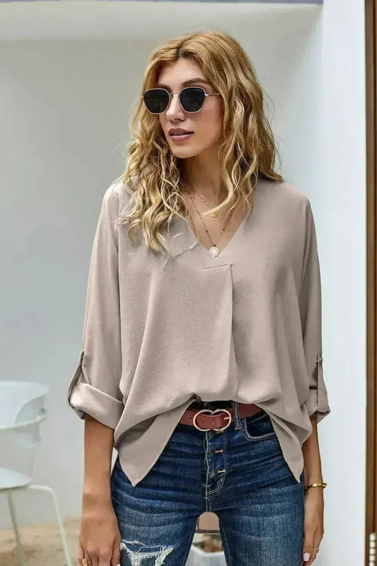 Elegant Apricot V Neck 3/4 Sleeve High Low Hem Shirt