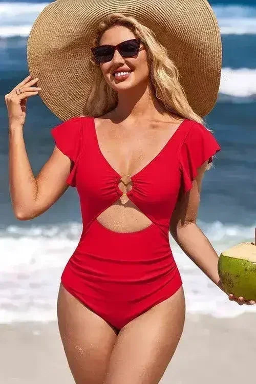 Ruffle Sleeve Swimsuit – O-Ring Cutout with Tummy Control