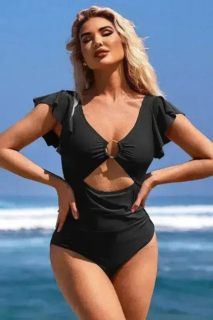 Ruffle Sleeve Swimsuit – O-Ring Cutout with Tummy Control