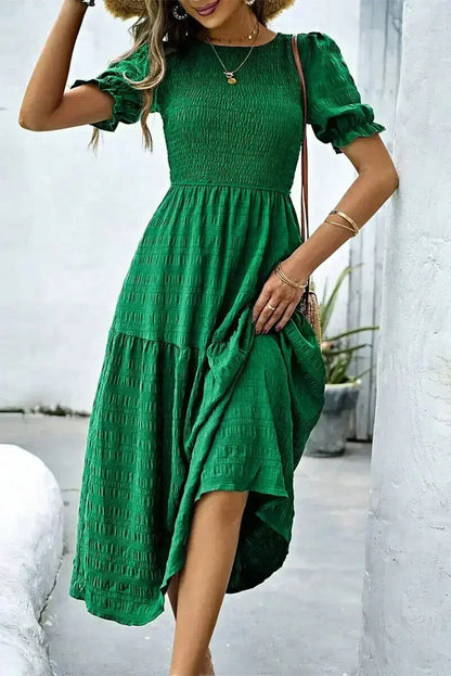 Sail Blue Solid Textured Smocked High Waist Midi Dress