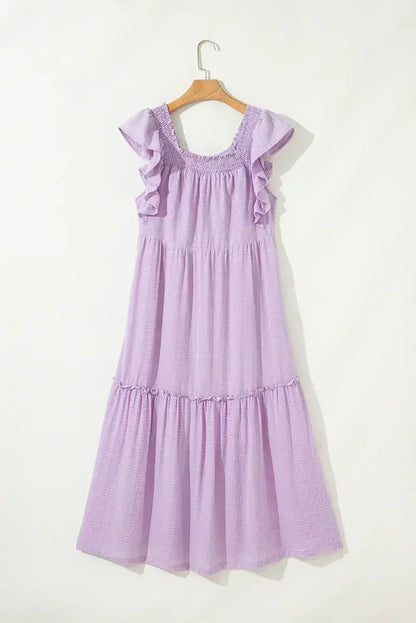 Purple Ruffled Flutter Sleeve Square Neck Textured Tiered Maxi Dress