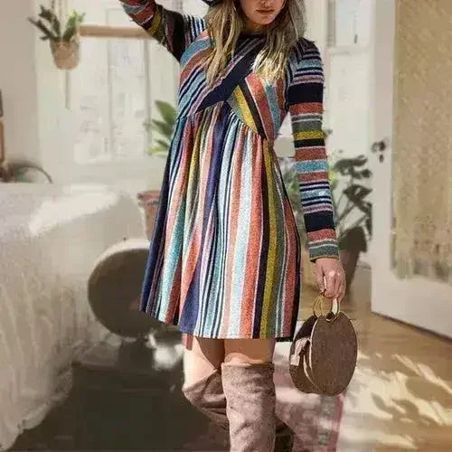 Color Block Stripe Midi Dress - Polyester-Spandex Blend | Femstylo