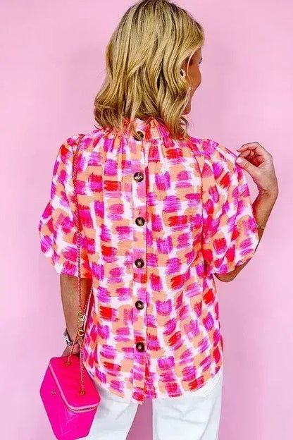 Women Print Button Back Ruffed High Neck Blouse | Femstylo