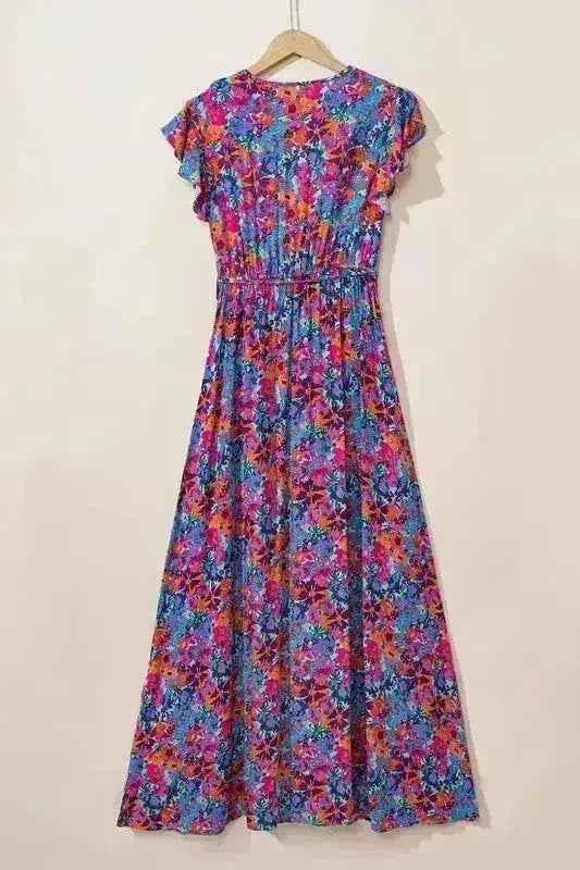 Floral Print V-Neck Wrap Maxi Dress - Women's Elegant Long Dress