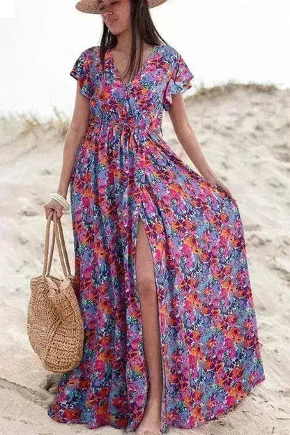 Floral Print V-Neck Wrap Maxi Dress - Women's Elegant Long Dress