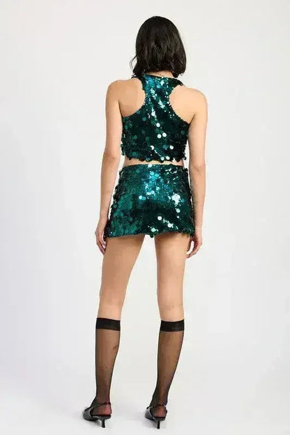 Sequin Emerald Green Mini Skirt – Sparkly with Thigh Slit | Sizes S-L