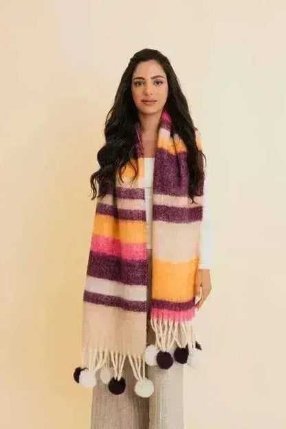 Chunky Pom Tassel Color Stripes Scarf – Bold Striped Scraf