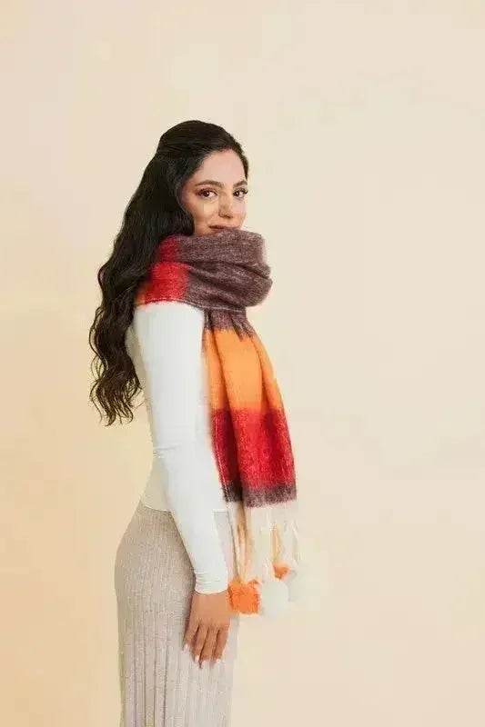 Chunky Pom Tassel Color Stripes Scarf – Bold Striped Scraf
