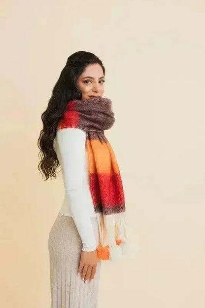 Chunky Pom Tassel Color Stripes Scarf – Bold Striped Scraf
