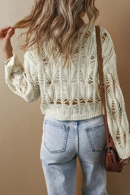 White Crochet Crew Neck Sweater - Loose Fit & High Elasticity | Femstylo