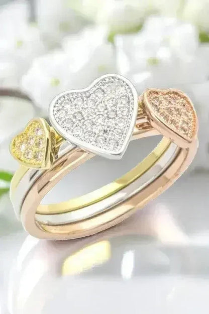 3 Tone CZ Heart Triple Ring Set - Cubic Zirconia Stackable Rings