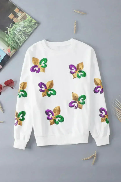 White Sequin MARDI GRAS Graphic Pullover Sweatshirt