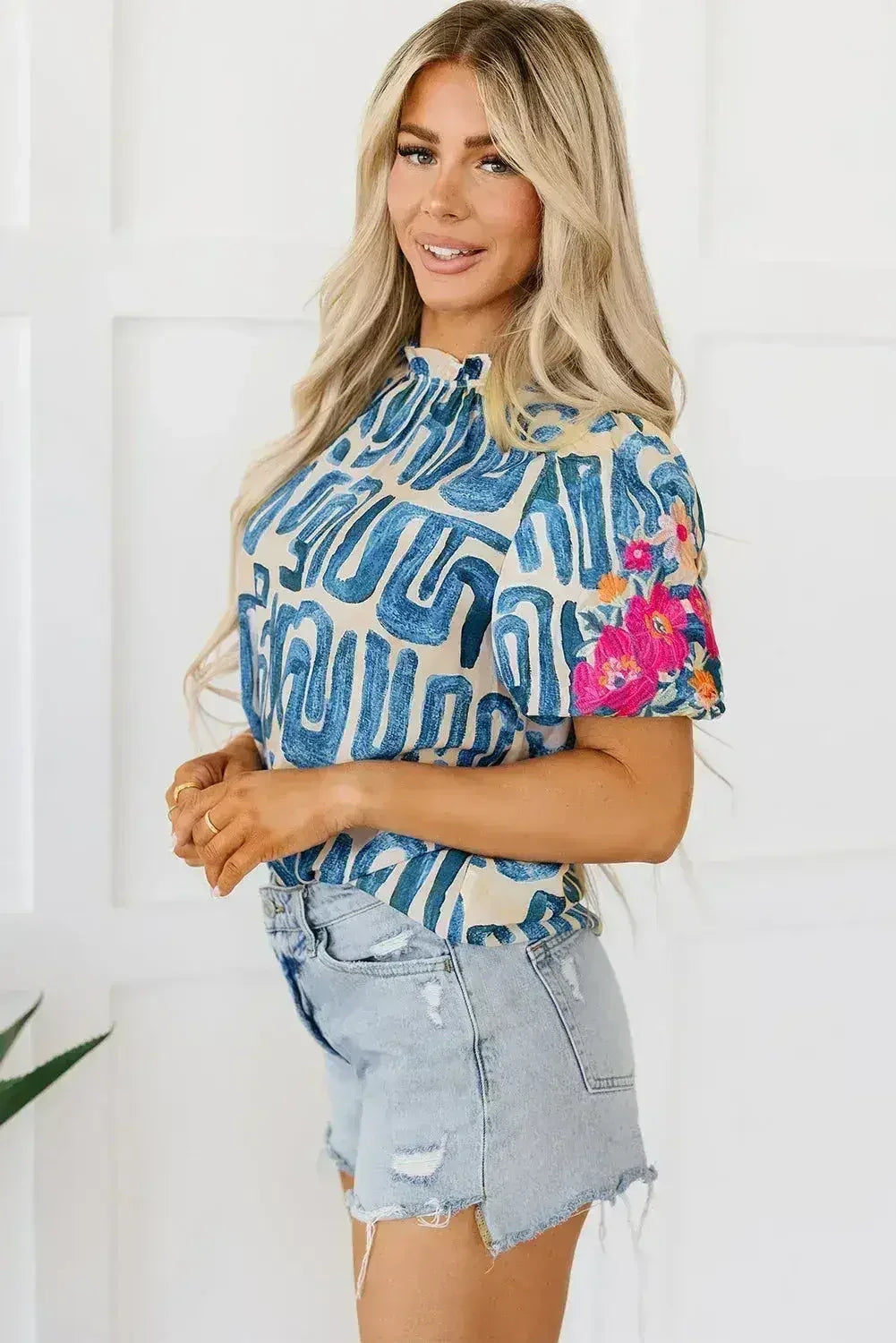 Beige Embroidered Puff Sleeve Frilled Neck Printed Top | Femstylo