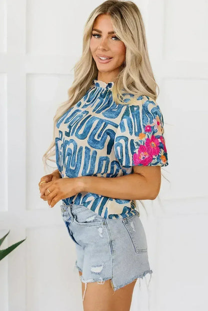 Beige Embroidered Puff Sleeve Frilled Neck Printed Top | Femstylo